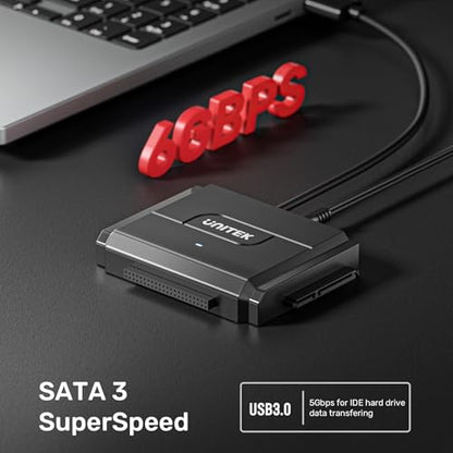 Unitek SATA/IDE USB 3.0 Adapter, Dual-Drive for 2.5/3.5" HDD, 24TB, 6Gbps | Simultaneous 1 SATA + 1 IDE Access; For 2.5/3.5" SATA/IDE HDD/SSD; Plug & Play, Hot-Swap, Auto Sleep; 12V Adapter Included - color: USB A