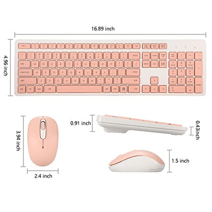 Wireless Keyboard and Mouse Combo, 2.4G Silent Cordless Keyboard Mouse Combo for Windows Chrome Laptop Computer PC Desktop, 106 Keys Full Size with Number Pad, 1600 DPI Optical Mouse (Pink)