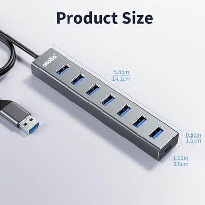 atolla Aluminum 7-Port USB 3.0 Hub with 1m Extension Cable - 5Gbps High-Speed Data Transfer for MacBook Pro, Laptop, PC, Gaming Setup-Gray - color: Gray
