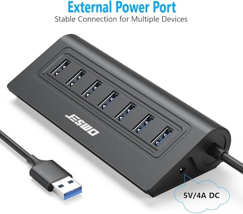 USB Hub 3.0, JESWO Aluminum 7 Port USB 3.0 Hub with 3.3Ft Cable, USB Splitter with 7-USB3.0 Data Ports Compatible with MacBook, Laptop,Surface Pro, PS5, PC and More (No Power Adapter Included) - color: Black
