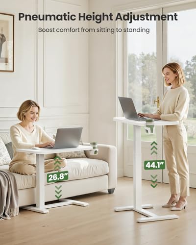 Marsail 32×16″ Overbed Table with Hidden Wheels, Pneumatic Adjustable Bedside Table, Mobile Rolling Table with 360° Hideable Cup Holder, White - color: White, size: 32x16"