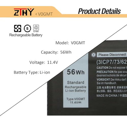 V0GMT 56Wh Laptop Battery Replacement for Dell G7 17 7700 Gaming Vostro 15 | 7500 7590 XPS 7590 9560 9570 Ins 7501 7590 7591 Precision 5520 5530 5540 Mobile Workstation TJDRR 0NYD3W 0NCC3D 0V0GMT 11.4V - size: 9.06*3.43*0.28 inch V0GMT