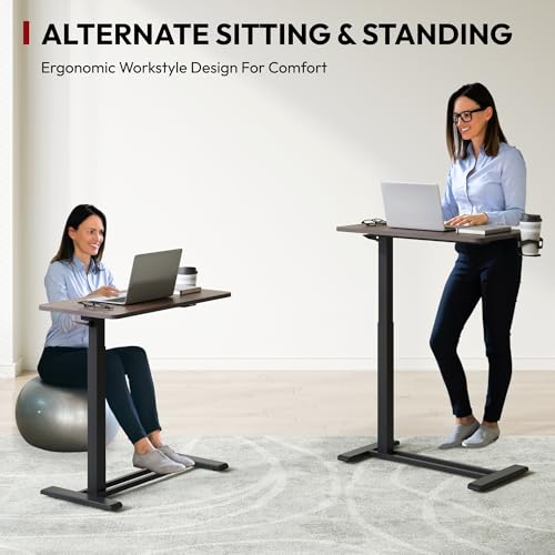 SANODESK Mobile Standing Desk with Hidden Wheels,Pneumatic Laptop Desk Rolling Computer Cart Movable Height Adjustable Small Sit Stand Desk for Home Office(27.6" W x 15.7" D, Maple) - color: Black Walnut, size: 28x16
