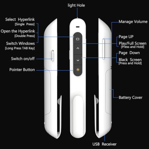 White Wireless Presenter, Volume Control Presentation Clicker, RF 2.4GHz PowerPoint Clicker Presentation Remote Control Slide Clicker Advancer - color: White