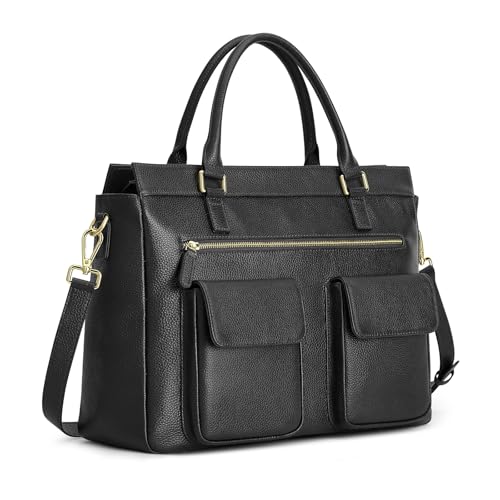 Kattee Leather Briefcase for Women, 15 Inches Laptop Bag, Work Tote with Luggage/Shoulder Strap - color: Black
