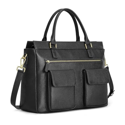 Kattee Leather Briefcase for Women, 15 Inches Laptop Bag, Work Tote with Luggage/Shoulder Strap - color: Black