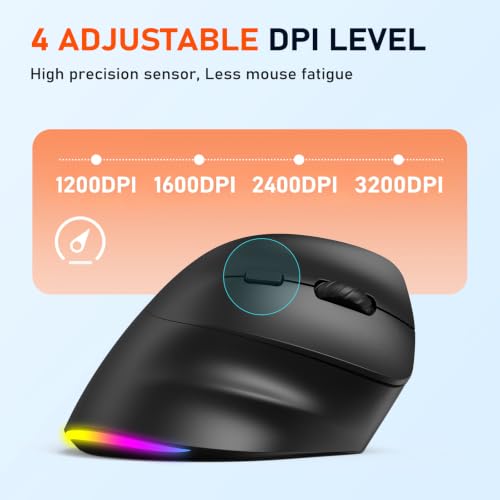 MEETION Ergonomic Wireless Vertical Mouse, Rechargeable, Black | Bluetooth 5.2 + 3.0 and USB connectivity, RGB backlight, 4 DPI adjustment, compatible with Windows, Mac, Android, PC and iPad - color: Right Black