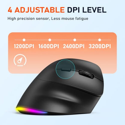 MEETION Ergonomic Wireless Vertical Mouse, Rechargeable, Black | Bluetooth 5.2 + 3.0 and USB connectivity, RGB backlight, 4 DPI adjustment, compatible with Windows, Mac, Android, PC and iPad - color: Right Black