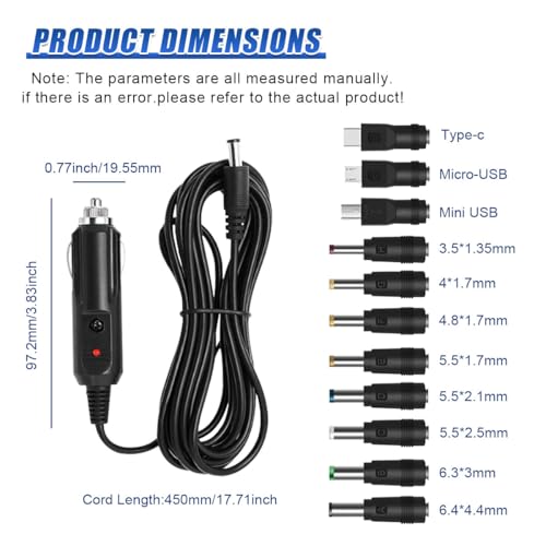 Craedli 12V Car Charger with 5V DC Power Cable, DC 5.5x2.1mm Cigarette Lighter Plug Power Cord with 11 Connectors, Universal Plug Charger Cable for DVD Player, GPS, Camera, Bluetooth Speaker(Black)