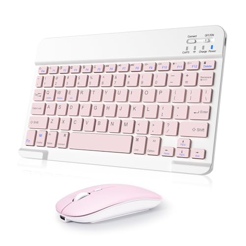 Wireless Keyboard and Mouse Combo, Rechargeable Bluetooth Keyboard & Mouse with 2.4 GHz Wireless USB Receiver, Compatible with iPad, Smartphone, PC, Laptop, Windows/iOS/Android, Pink - color: Pink
