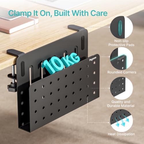 PEGZONE Desk Side Storage Organizer, No Drill Under Desk Laptop Holder, Clamp on Desks Shelf with Pegboard Accessories, Hanging Laptop Mount, Fits Flat Edge 0.4" to 2.2", Black | No Drill Under Desk Laptop Holder, Clamp on Desks Shelf with Pegboard Access