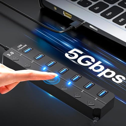 USB Hub 7 Port,USB 3.0 Hub Splitter with Individual On/Off LED Switches and Lights,USB Hub Compatible with MacBook,5Gbps HighSpeed Data for Laptop,Mac,PC,Desktop,PS5,Xbox and Flash Drive, Mobile HDD - style: USB 3.0