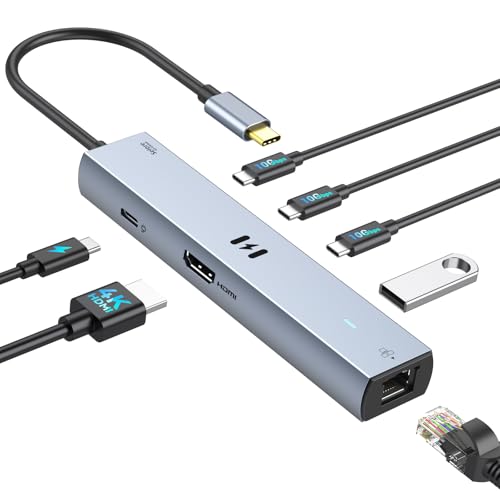 Selore 10Gbps USB C Hub Multiport Adapter, Ethernet Adapter with 4K@60Hz HDMI, Gigabit Ethernet, 3 USB C Ports, 100W PD, USBC Dongle for MacBook Pro Air, iPad, HP, Dell, etc - color: Light Gray