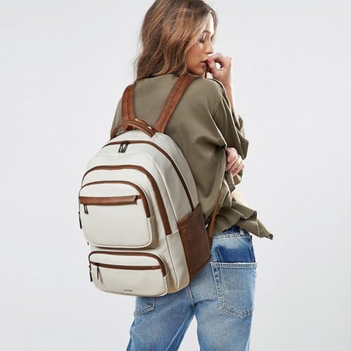 Backpack For Women Men Vegan Leather Backpack Purse Shoulder Bookbag 16 15.6 15 Inch Laptop Bag Handbags For Travel Work College Large Beige - color: Beige