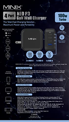 MINIX NEO P3 100W Turbo 4-Port GaN Wall Charger, 3 x USB C port Fast Charging Power Adapter(Max 100W/20W), 1 USB-A (Max 18W). Compatible with MacBook Pro Air, iPad Pro, iPhone 17/16 Pro Max,Galaxy S23