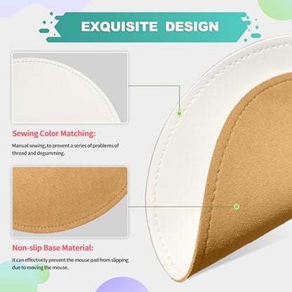 Mouse Pad，Round Mouse Pad，PU Mouse Pad，Leather Mouse Pad with Stitched Edge Micro-Fiber Base with Non-Slip Waterproof，Mouse Pad for Computers，Laptop，9 x 9 Inch (Lily White) - color: Lily white, size: 9L x 9W inches