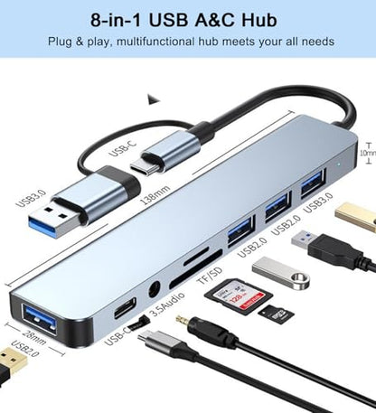 USB C Hub USB Hub 3.0 with SD/TF Card Reader, 3.5mm Headphone Aux Jack, 8-in-1 USB Splitter for MacBook Pro Air, XPS, Surface and More PC/Laptop/Tablet Devices