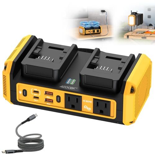 Azocek 350W Power Inverter Pure Sine Wave Compatible with Dewalt 20V Battery (No Battery), 7A Fast Charger, Portable Power Station with 2 AC Outlets, 2 Type-C (140W/65W), 2 QC USB Ports, 600LM LED - color: Yellow