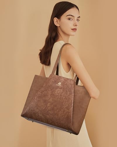 LOVEVOOK Laptop Tote for Women - 15.6 Inch Faux Leather Laptop Bag with Clutch, Large Capacity Office Purse Computer - color: Brown Embossed, size: 15.6 inch