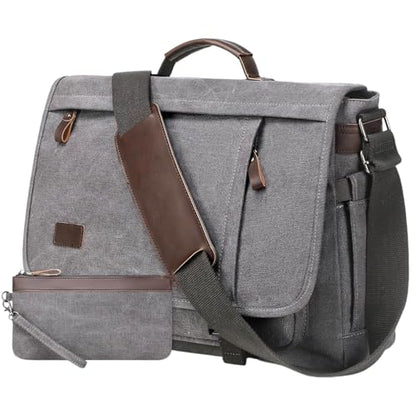 17.3 Inch Messenger Bag for Men: 2PCS Laptop Bag PU Leather Canvas Work Briefcase Large Office - color: Brown Grey