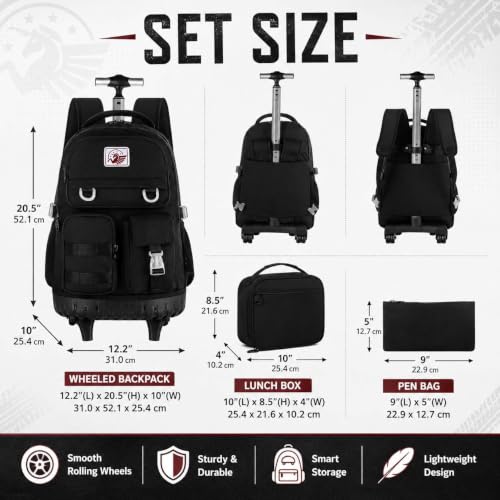 CCJPX Rolling Backpack for Girls Women, 21 inch Roller Wheels School Bookbag, Wheeled Suitcase Backpacks with Lunch Bag for Teen - Black - color: Black