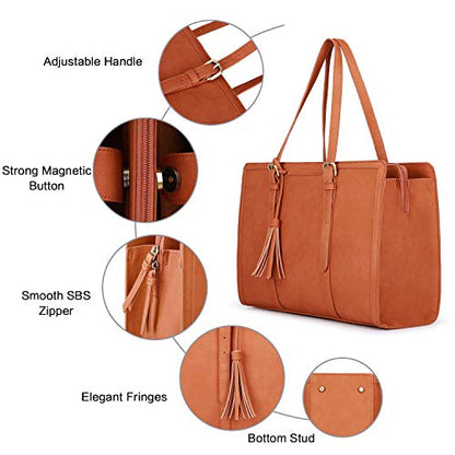 ECOSUSI Laptop Bag For Women 15.6 Inch Work Tote Bags PU Leather Computer Purse For Business Office With 3 Layer Compartments - color: Brown