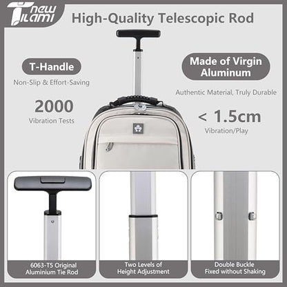 NEW TILAMI 19 Inch Rolling Backpack for School Travel with 4 Spinner Wheels | 360°rotating Universal Wheel, Large Organizer Compartments, Adjustable Handle, Carry on for School Students Business Travel - color: White