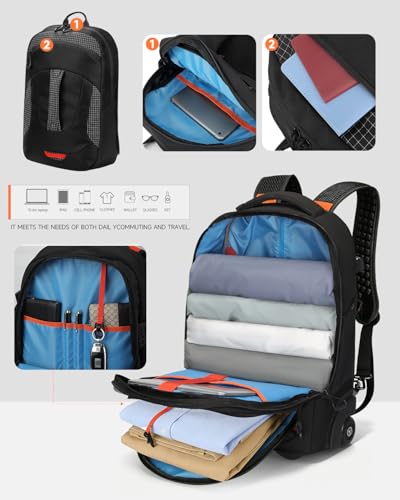 2-in-1 Detachable Backpack with wheels,56L Large rolling backpack-Splits into Daypack & Laptop Backpack Fits 17 Inch Laptop,Water Resistant Luggage suitcase,Air Travel,Weekend Trips - color: Black