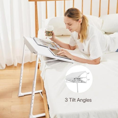 HUANUO Adjustable TV Tray Table - TV Dinner Tray on Bed & Sofa, Comfortable Folding Table with 6 Height & 3 Tilt Angle Adjustments (White) - color: White