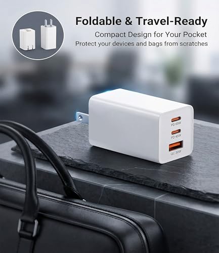 65W USB C Laptop Charger, 3-Port PD Wall Charger Block with 3 Cables (2x1.2m+1x0.6m), Foldable Travel Adapter for Phone, Tablet, Compatible with MacBook - Blue