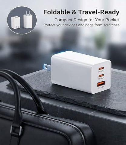 65W USB C Laptop Charger, 3-Port PD Wall Charger Block with 3 Cables (2x1.2m+1x0.6m), Foldable Travel Adapter for Phone, Tablet, Compatible with MacBook - Blue