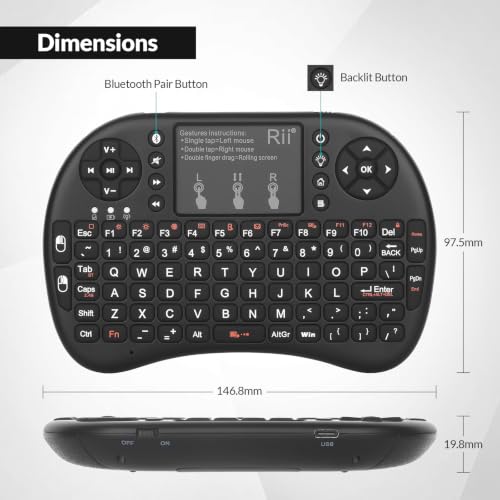 Rii 2.4GHz Mini Wireless Keyboard with Touchpad＆QWERTY Keyboard, Backlit Portable with Remote Control for Laptop/PC/Tablets/Windows/Mac/TV/Xbox/PS3/Raspberry Pi .(Black)