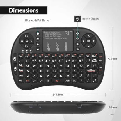 Rii 2.4GHz Mini Wireless Keyboard with Touchpad＆QWERTY Keyboard, Backlit Portable with Remote Control for Laptop/PC/Tablets/Windows/Mac/TV/Xbox/PS3/Raspberry Pi .(Black)