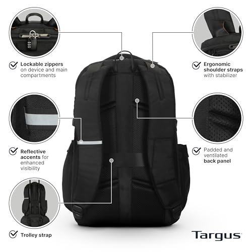 Targus 17” Voyager EXP Travel Backpack, Expandable 27L–30L Laptop Backpack, TSA Checkpoint-Friendly, Water-Resistant, RFID-Blocking Pocket, Fits Up to 17 Inch Laptop, Carry-On Size, Black - TBB664GL