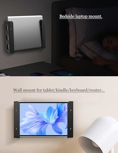 Universal Laptop Wall Mount or Under Desk Mount Holder, Black | Fit for Macbook, Keyboard, Surface, Router, Modems and More Small Devices Up to 40mm/1.57in Thick, Fixed by Screw or Adhesive