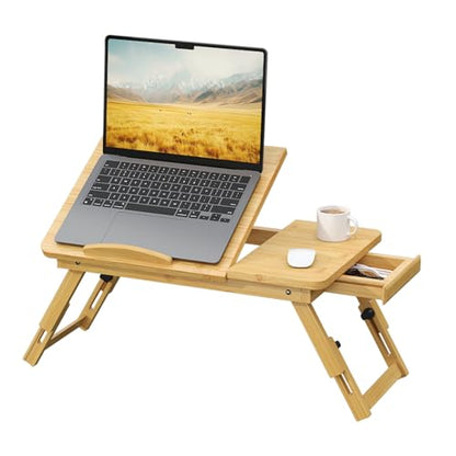 Bamboo Laptop Desk for Bed, Height & Angle Adjustable Foldable Lap Desk with Drawer & Cup Holder, Portable Bed Desk Table for Working, Reading, Writing or Breakfast on Sofa, Couch or Floor