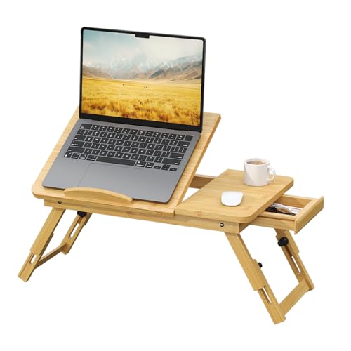 Bamboo Laptop Desk for Bed, Height & Angle Adjustable Foldable Lap Desk with Drawer & Cup Holder, Portable Bed Desk Table for Working, Reading, Writing or Breakfast on Sofa, Couch or Floor