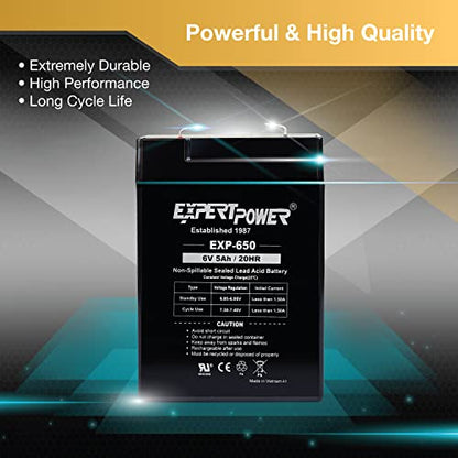 ExpertPower EXP650-6V 5Ah / 20HR SLA Rechargeable 6V Battery for Ride on Toys, Emergency Light, Exit Sign Battery Replacement, Sealed Lead Acid 6 Volt Batteries with F1 Terminals - size: 6V 5Ah - 1 Pack
