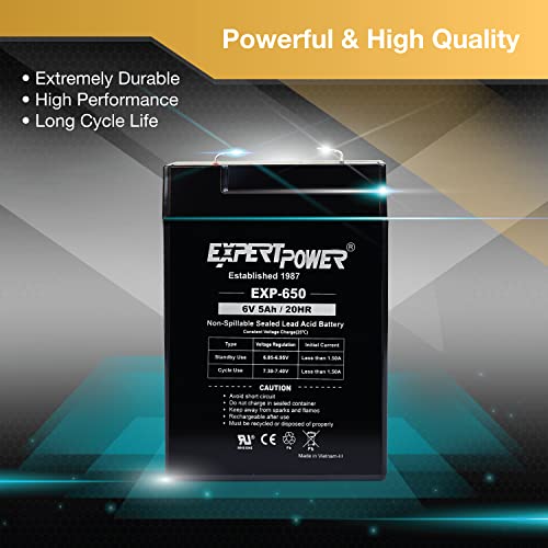 ExpertPower EXP650 (2 Pack) - 6V 5Ah / 20HR SLA Rechargeable 6V Battery for Ride on Toys, Emergency Light, Exit Sign Battery Replacement, Sealed Lead Acid 6 Volt Batteries with F1 Terminals - size: 6V 5Ah - 2 Pack
