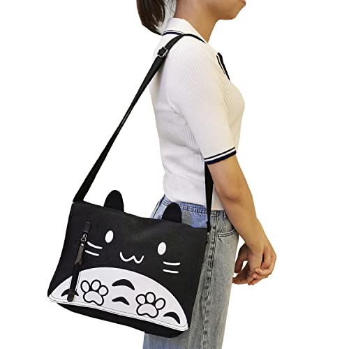 Canvas Cute Cat Kitty Messenger Bag Girls Crossbody Bag Shoulder Bag Cute Satchel School Bag - color: Black