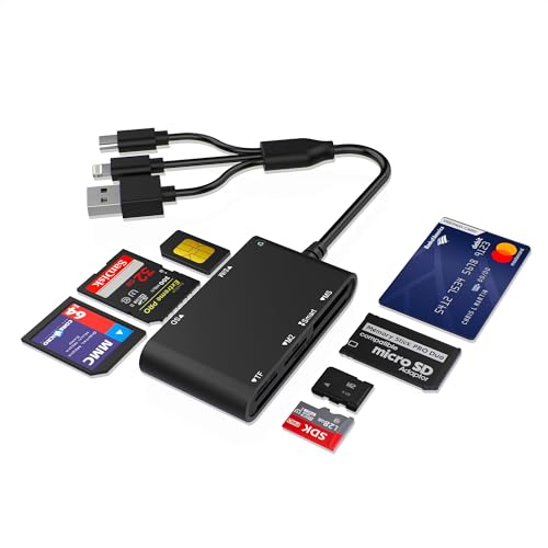 7-in-1 Smart Card Reader with 3-Port Connectivity – Lightning/USB-C/USB-A Military CAC & PIV Card Reader, SD/TF/MS Pro Duo/M2/IC/SIM Adapter for Windows/macOS/Linux, Plug and Play - color: black