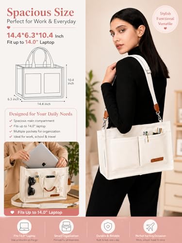 Canvas Tote Bag for Women Lightweight Handbag with Multi Pockets & Adjustable Strap Bible Bag for Daily Use Work - color: Beige