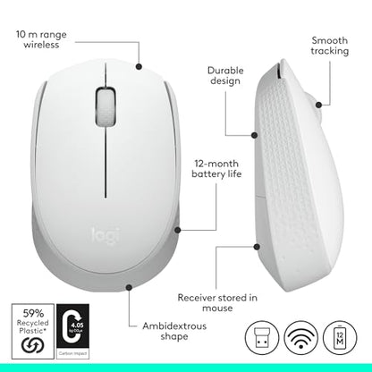 Logitech M170 Compact Ambidextrous 2.4 GHz Wireless Mouse - Off White | Ambidextrous mouse with 2.4 GHz USB-A Nano Receiver, Optical Tracking, 12-Months Battery Life, PC, Mac, Laptop compatible - color: White