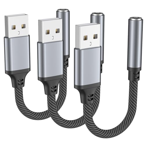 3 Pack USB to 3.5mm Audio Jack Adapter, USB A to 3.5mm TRRS 4-Pole Female External Sound Card Converter for Headphones/Laptop/Mac/Desktops/Linux/PS4/PS5/PC and More Devices (Black)