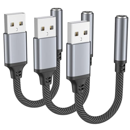 3 Pack USB to 3.5mm Audio Jack Adapter, USB A to 3.5mm TRRS 4-Pole Female External Sound Card Converter for Headphones/Laptop/Mac/Desktops/Linux/PS4/PS5/PC and More Devices (Black)