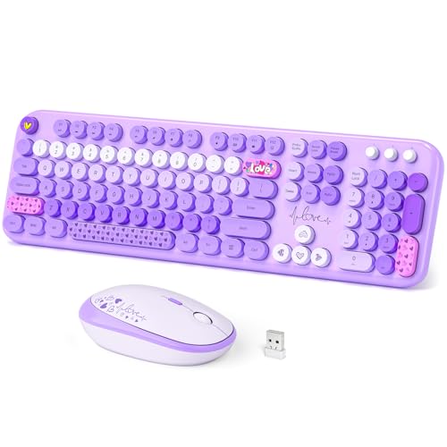Dilter Wireless Keyboard and Mouse Combo, Full Size Retro Keyboard with Number Pad and 2 in 1 USB Connected Mouse for Windows 7/8/10, Laptop, Desktop, PC, Computer (Purple Colorful) - color: Lovely Purple