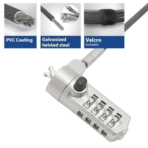 Ewent Security Cable with Combination Lock, Security Cable for Laptops, Laptops, PC, Steel Combination Security Cable with Slot Wedge, 1.5 m Long Cable