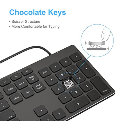 9H Aluminum USB Wired Keyboard with Numeric Keypad for Mac & PC | Compatible with Mac Pro, Mini, iMac, MacBook Pro/Air, Laptops and PC Computers - color: Black