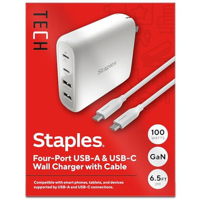 Staples TECH GaN 100W USB‑C & USB‑A Wall Charger – Fast PD Charging, Dual‑Port Power Adapter with Cable, Compact GaN Charger for MacBook, iPhone, Samsung & USB‑C Laptops - style: 100 Watt