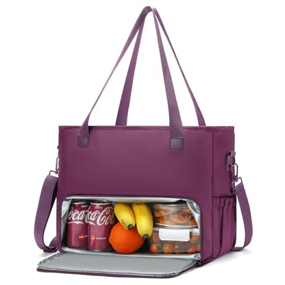 Lunch Tote Bag for Women with 15.6" Laptop Compartment, Work Tote Bag with Insulated Lunch Compartment, Large Casual Canvas Handbag Luncg Bags for Nurse, Teacher, Office, Travel, Beach, Purple - color: Purple